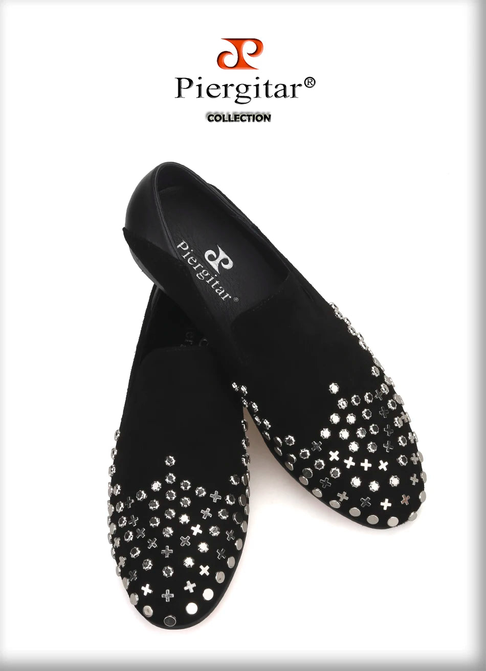 Piergitar handmade black cow leather men metal button smoking slippers fashion men's loafers for wendding and prom plus size