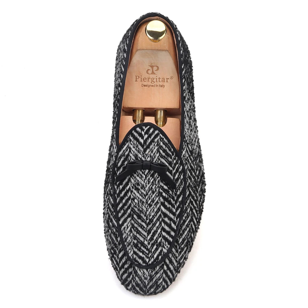 Piergitar handmade grey black knitted fabric men loafers with leather tie classic men's smoking slippers plus size