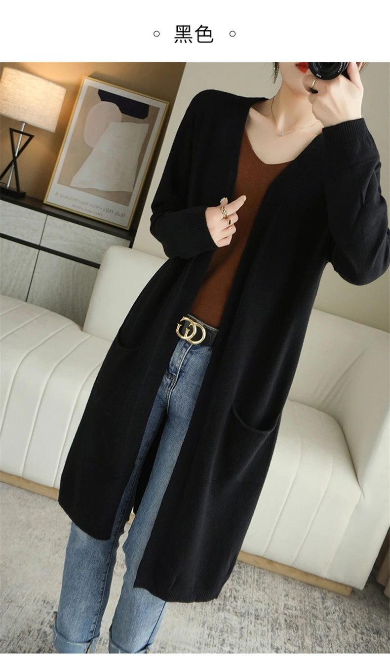 YSC New style Women Knitted Cashmere wool blend Cardigan V collar Super long style Buttonless pocket trim High-quality Cardigan