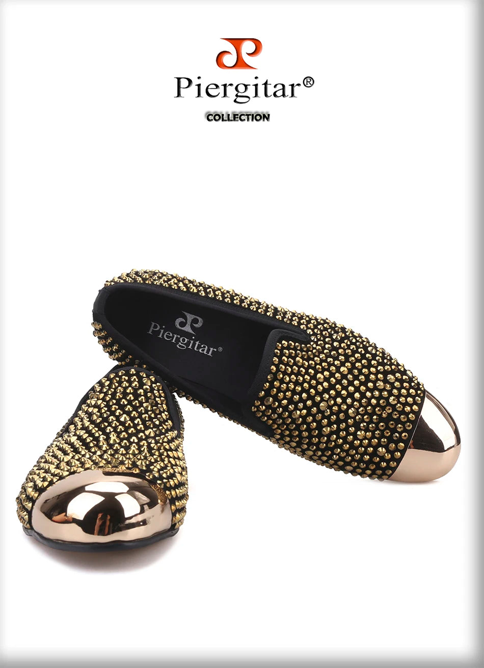 Piergitar gold metal toe and crystal men loafers handmade men's leather smoking slippers party and wedding men dress shoes