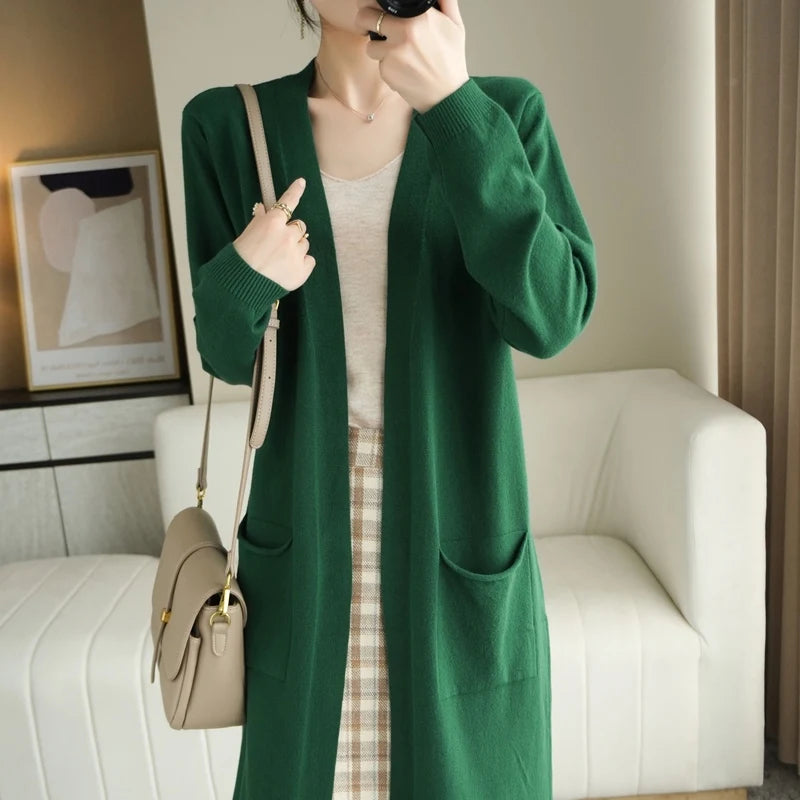 YSC New style Women Knitted Cashmere wool blend Cardigan V collar Super long style Buttonless pocket trim High-quality Cardigan