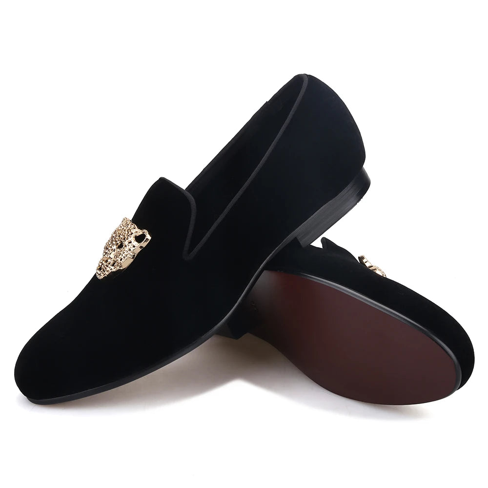 Piergitar leopard metal buckle men velvet shoes fashion party and wedding men loafers handmade men's smoking slippers plus size
