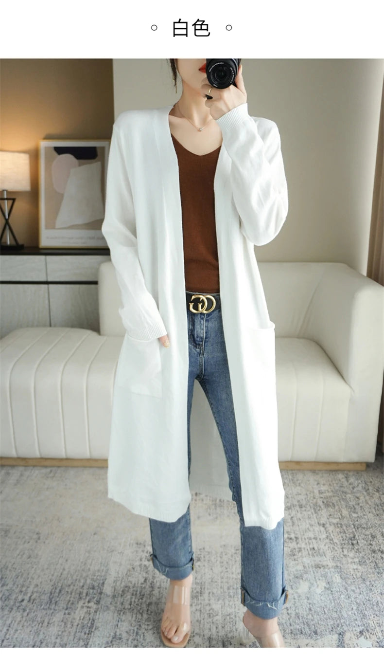YSC New style Women Knitted Cashmere wool blend Cardigan V collar Super long style Buttonless pocket trim High-quality Cardigan