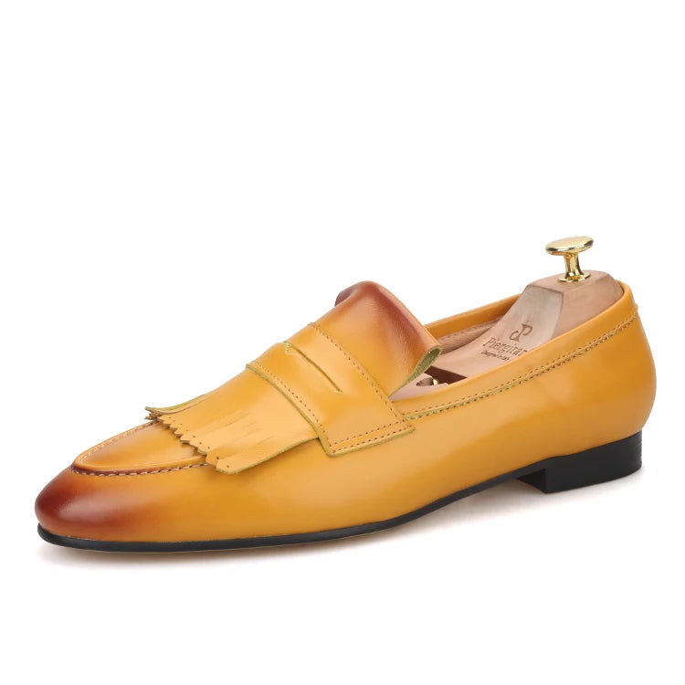Yellow and Brown Colors Calfskin Slip-On Mens Dress Shoes for Party Handmade Male Smoking slippers