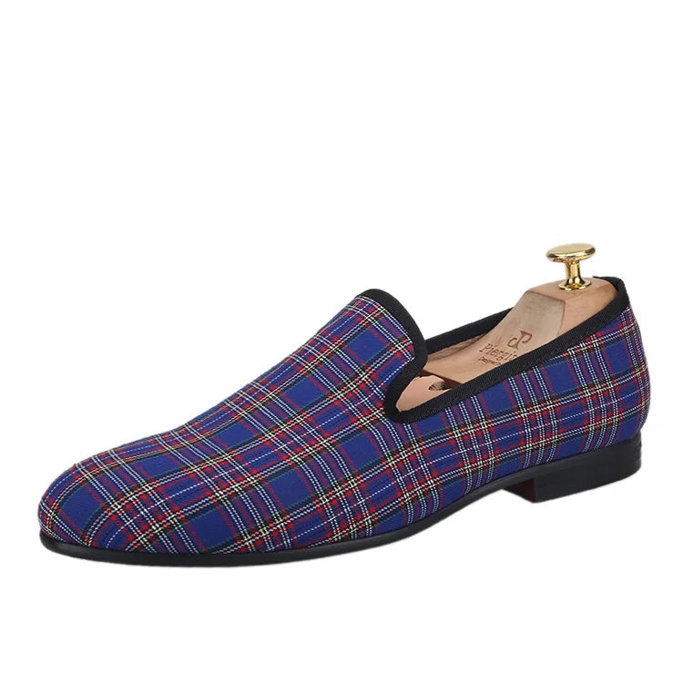 New Handmade Scottish plaid Men Fabric Shoes Men Casual Loafers Plus-Size Classic Smoking Flats