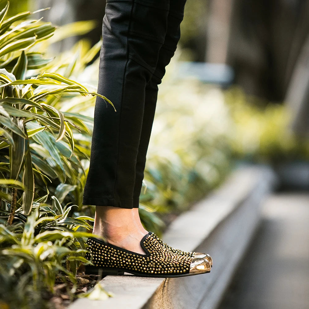 Piergitar gold metal toe and crystal men loafers handmade men's leather smoking slippers party and wedding men dress shoes