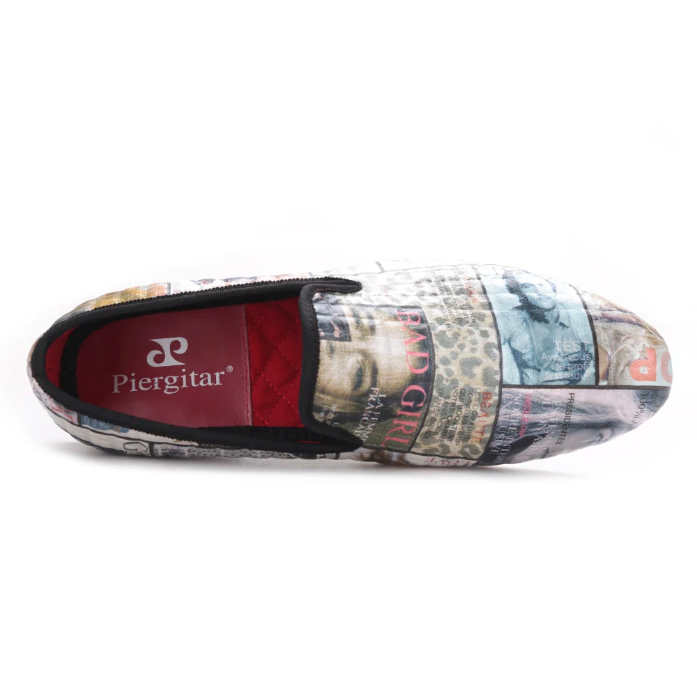Men's casual shoes with red cotton insoles and a magazine-style graffiti fabric men loafer.