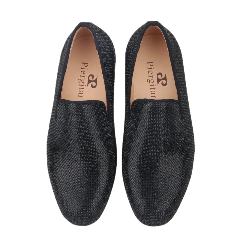 Handmade men's smoking slippers and loafers in red bottoms for weddings and parties.