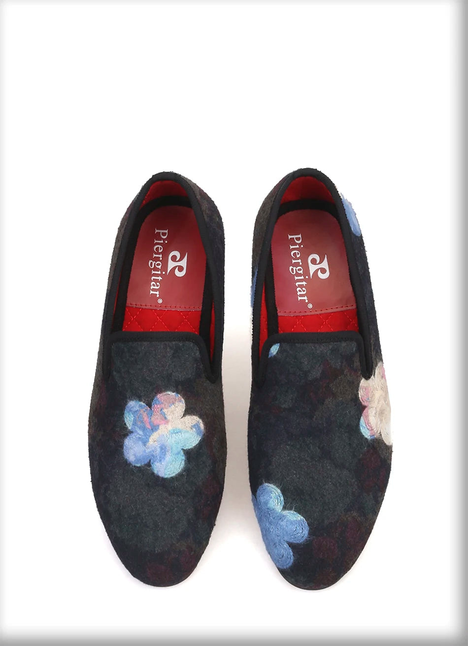 Mix color knitted fabric prom and party men's loafers style ethnic men's flats with flower printing