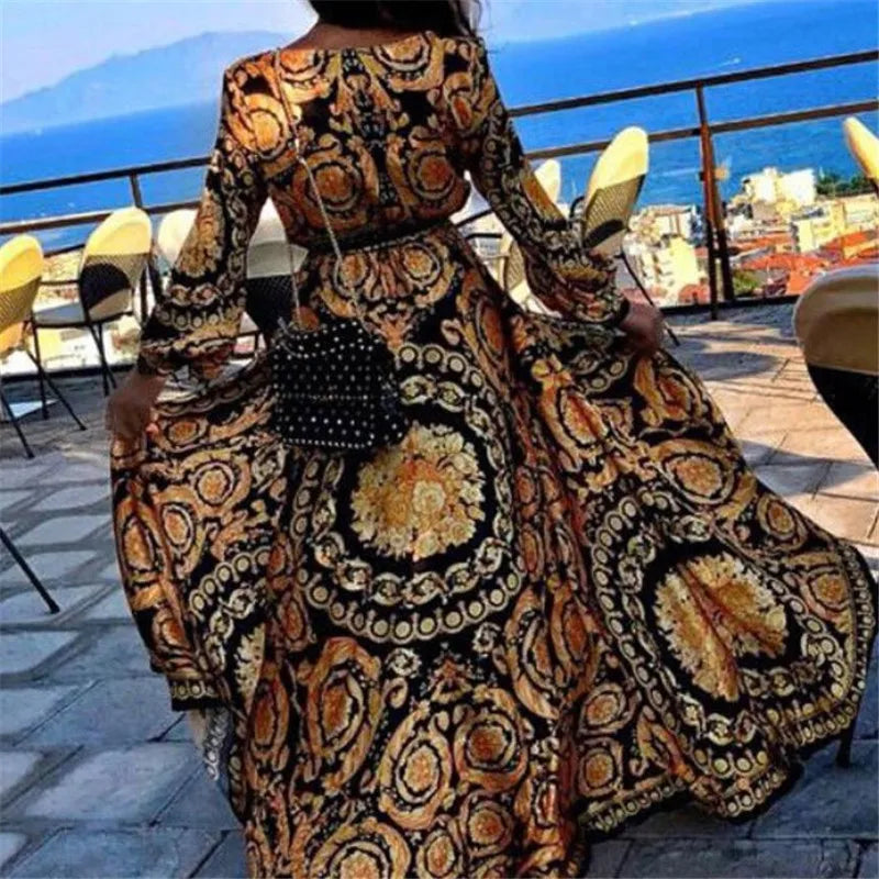 Womens boho maxi dress V neck loose Printed Long Dress