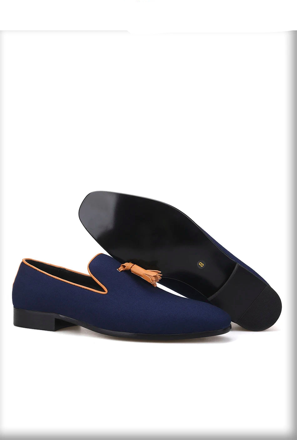 Men's canvas smoking slippers with leather tassel and two colors.