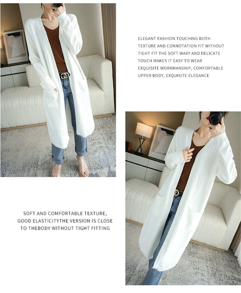 YSC New style Women Knitted Cashmere wool blend Cardigan V collar Super long style Buttonless pocket trim High-quality Cardigan