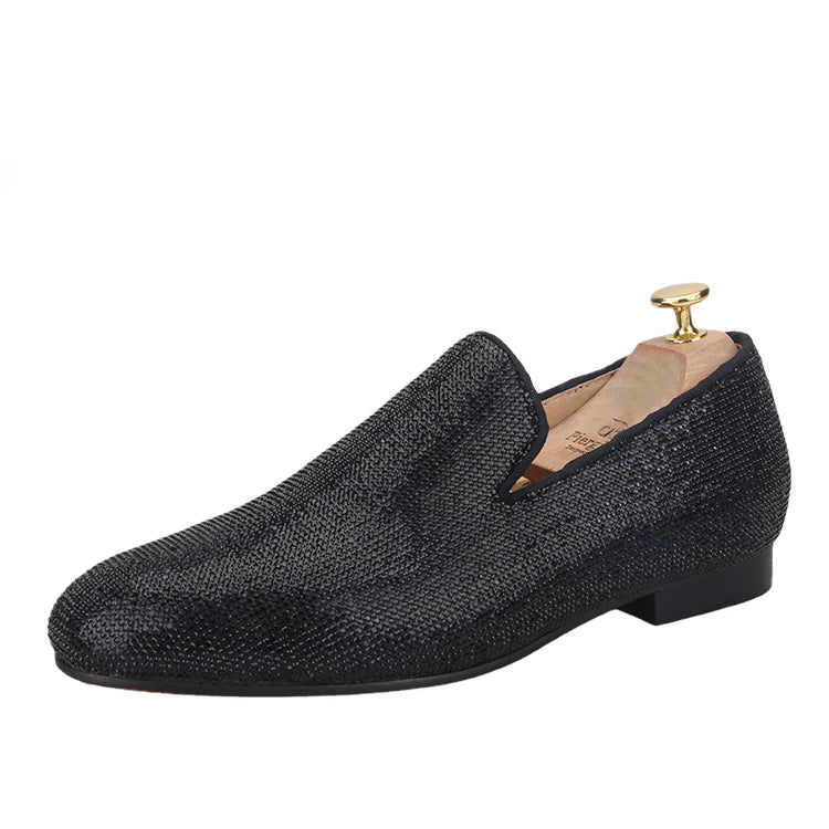 Handmade men's smoking slippers and loafers in red bottoms for weddings and parties.