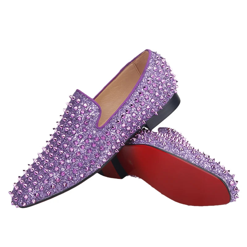 Piergitar New Style Purple Spikes Men Casual Shoes For Party and Banquet CL Same Design Handmade Men's Loafers Red Sole