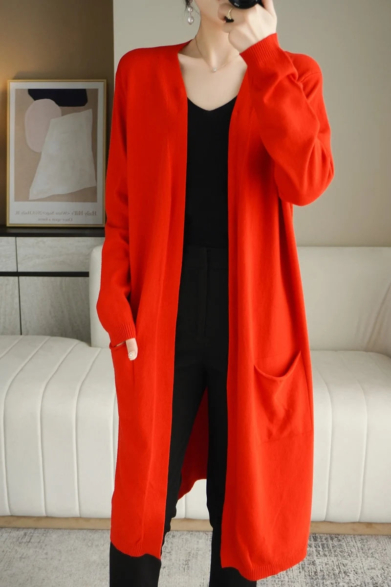 YSC New style Women Knitted Cashmere wool blend Cardigan V collar Super long style Buttonless pocket trim High-quality Cardigan