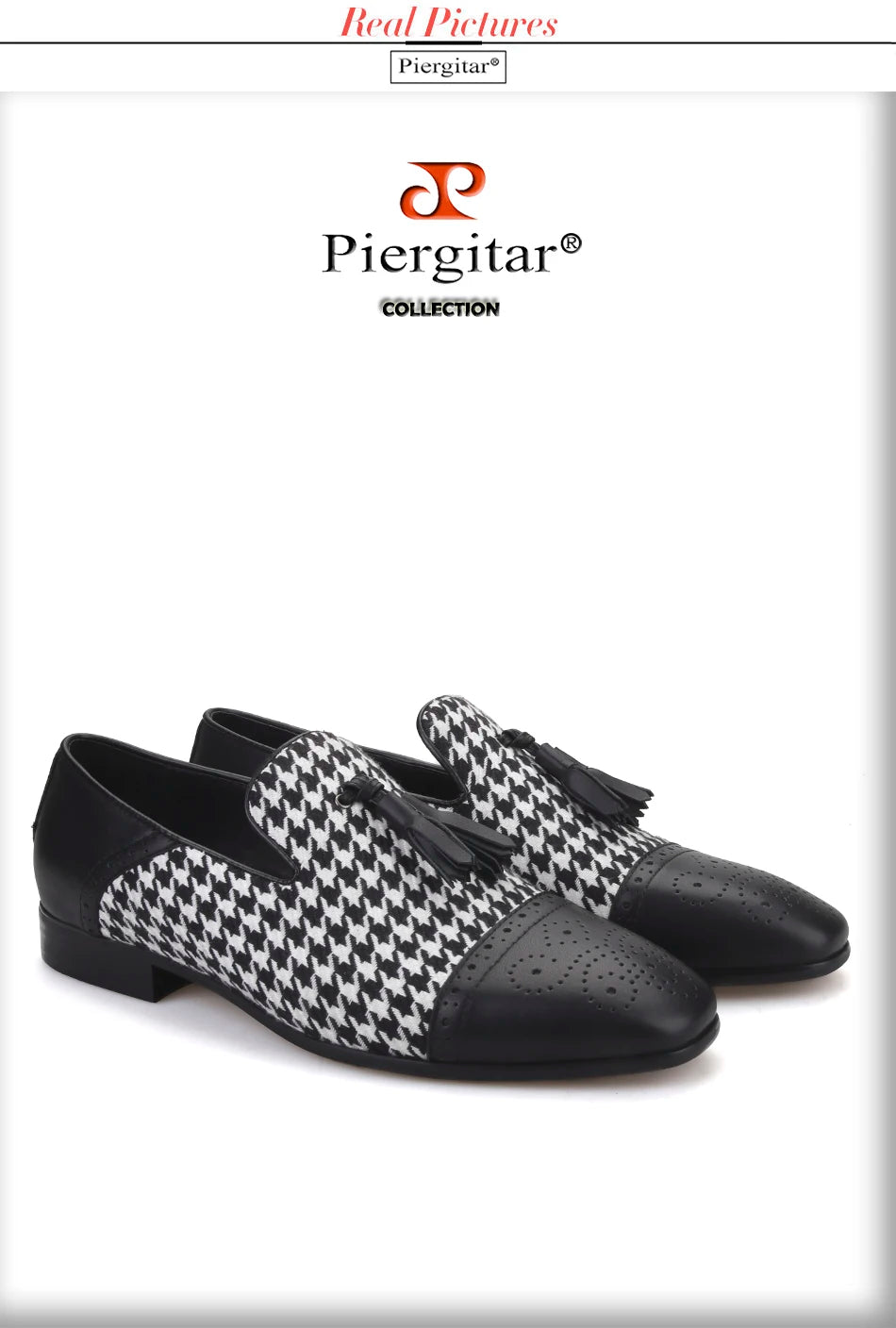 Piergitar brand new design houndstooth pattern men tassel shoes handmade men's loafers for party and prom men smoking slipper