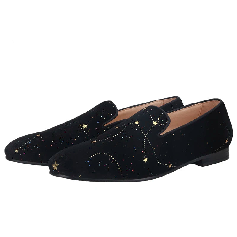 Customized Chinese style slip-on smoking shoes with gold totem print on black velvet.