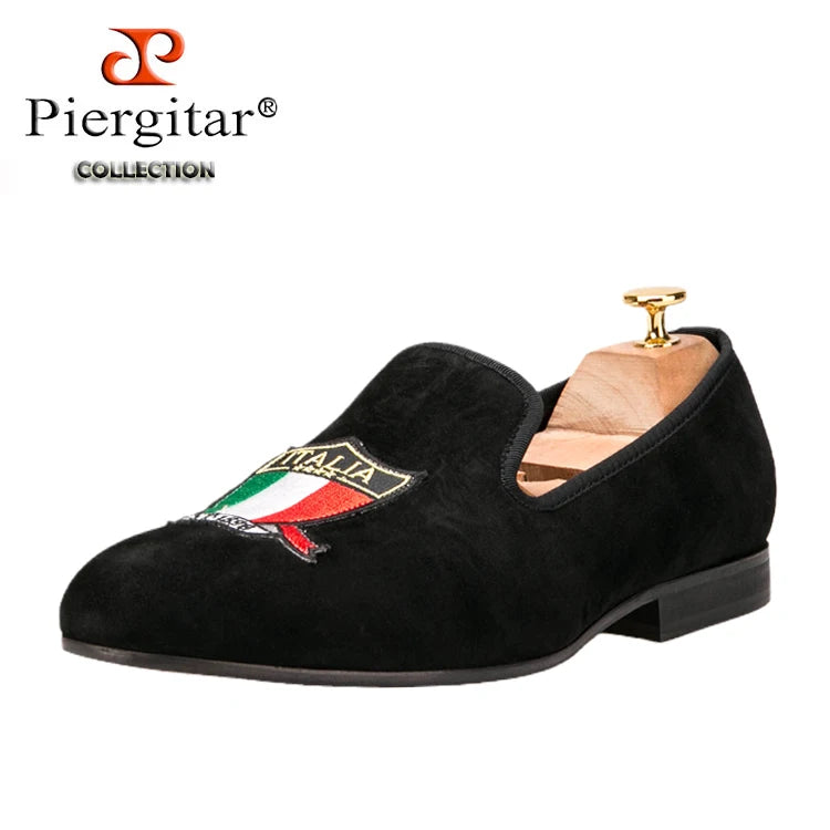 Piergitar Handmade Embroidery Of Four Powerful Football Countries Black Velvet Men Loafers Genuine Leather InSoles And Outsoles
