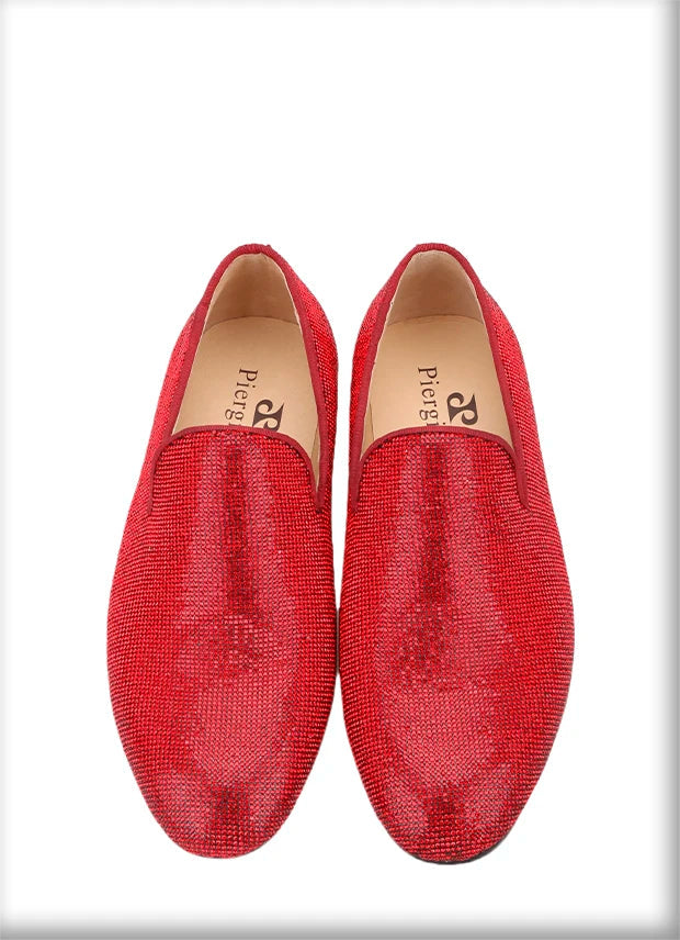 Handmade men's smoking slippers and loafers in red bottoms for weddings and parties.