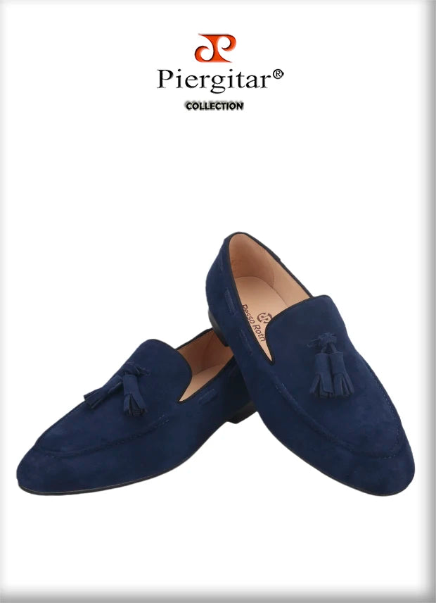 Piergitar Handmade Navy Suede Tassel Design Men's Loafers Classic Men Moccasin For Party And Prom Men's Casual Shoes Plus Size