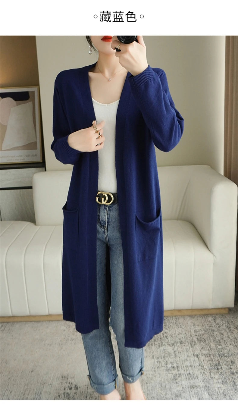 YSC New style Women Knitted Cashmere wool blend Cardigan V collar Super long style Buttonless pocket trim High-quality Cardigan