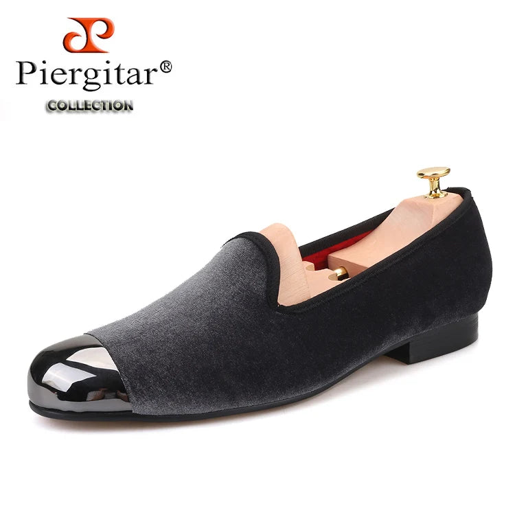 Piergitar gray color men velvet shoes with gun toe metal fashion party and wedding men loafers handmade men's smoking slippers