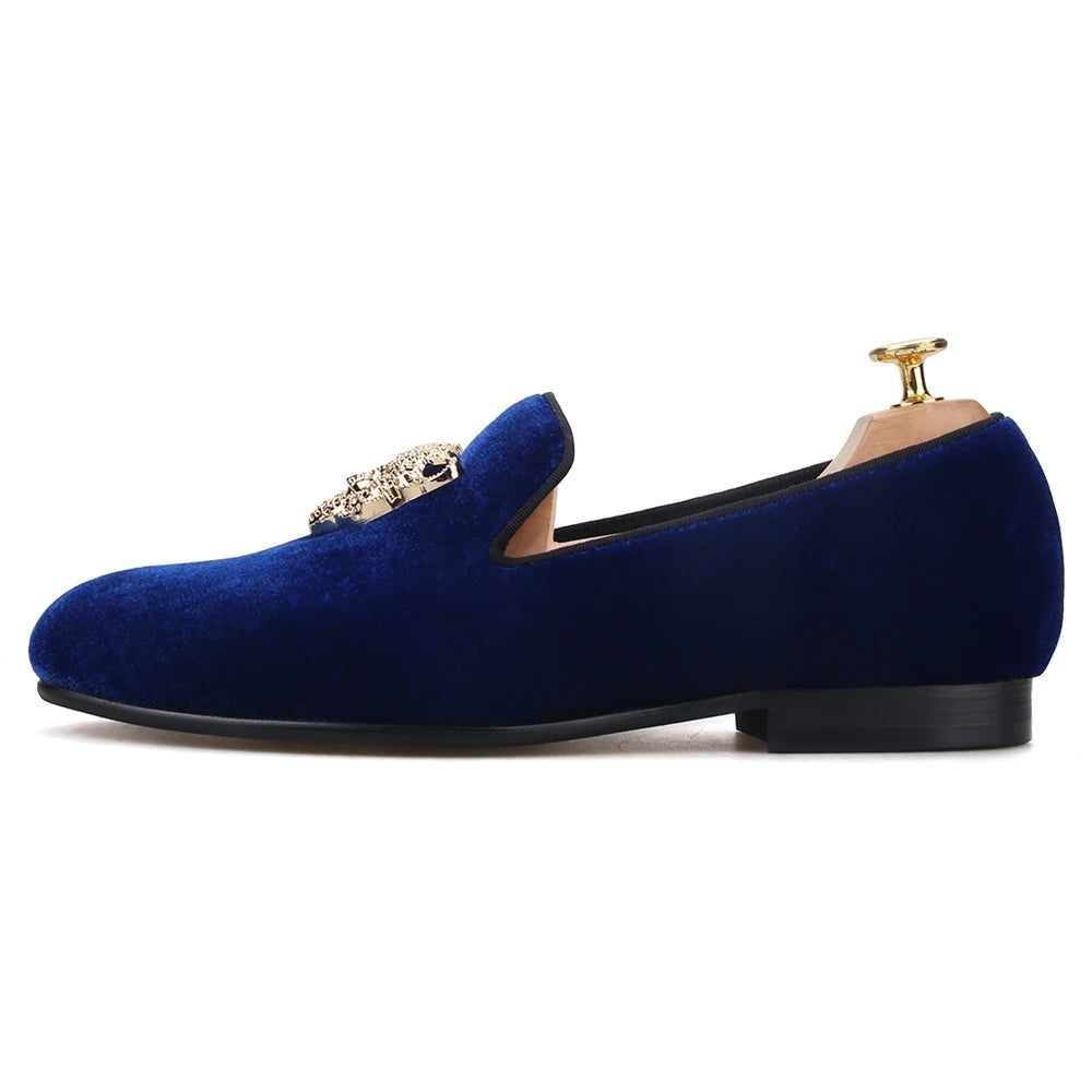 Piergitar leopard metal buckle men velvet shoes fashion party and wedding men loafers handmade men's smoking slippers plus size
