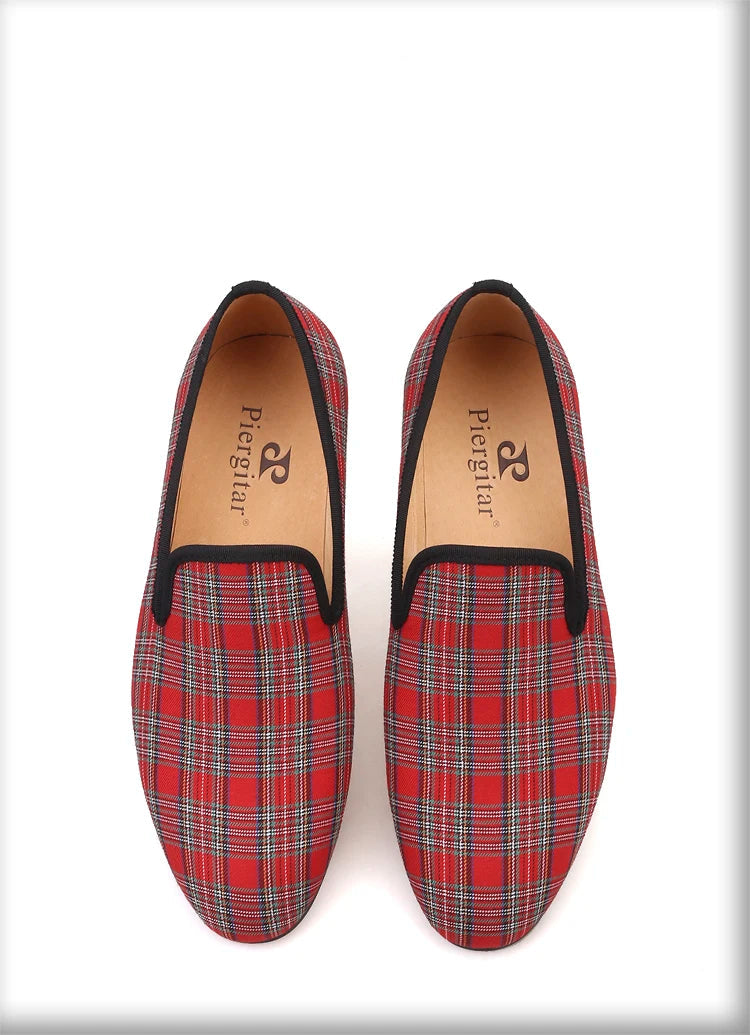 New Handmade Scottish plaid Men Fabric Shoes Men Casual Loafers Plus-Size Classic Smoking Flats
