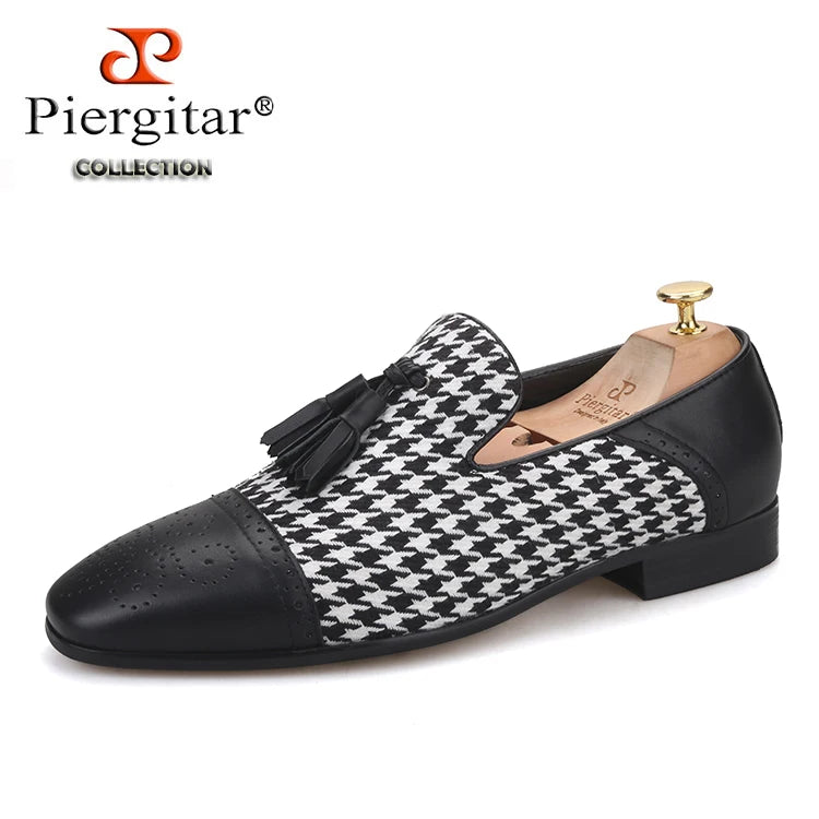 Piergitar brand new design houndstooth pattern men tassel shoes handmade men's loafers for party and prom men smoking slipper