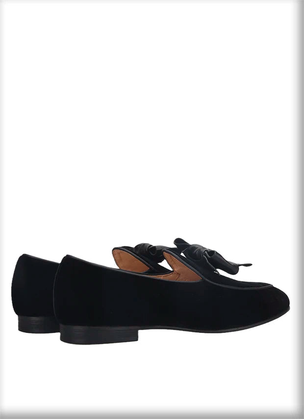 High Quality Men's Smoking Loafers in British Classic Style with Handmade Leather Bow Tie, Black Velvet Moccasin