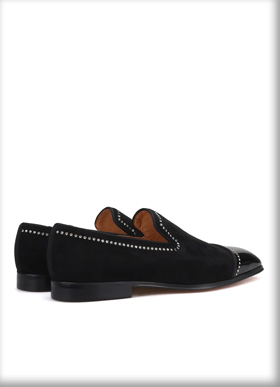 Men's dress shoes and casual shoes in black suede leather with rhinestones