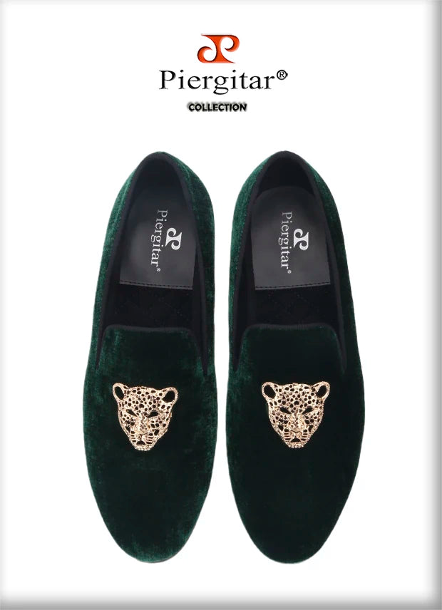 Piergitar leopard metal buckle men velvet shoes fashion party and wedding men loafers handmade men's smoking slippers plus size