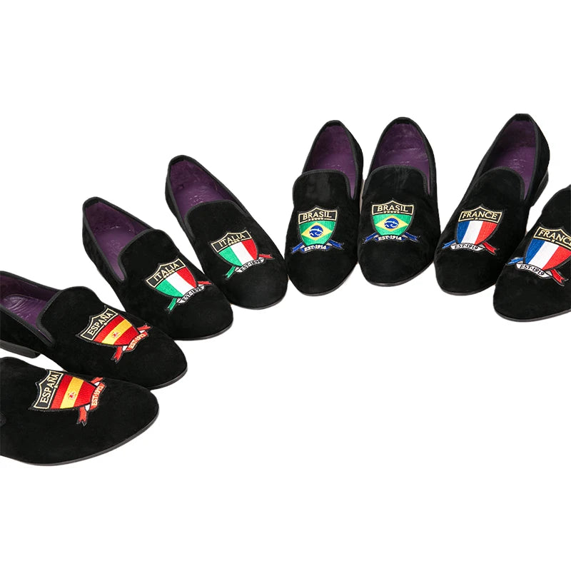 Piergitar Handmade Embroidery Of Four Powerful Football Countries Black Velvet Men Loafers Genuine Leather InSoles And Outsoles