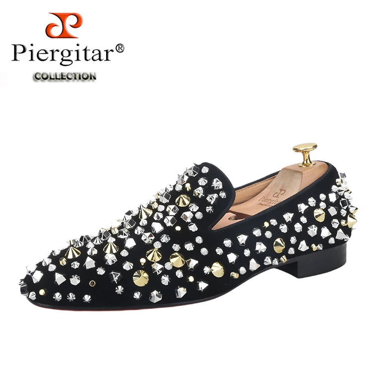 Piergitar Handmade Six Styles Gold And Sliver Spikes Flat Party And Wedding Men's Luxury Loafers Red Outsole Dandelion Moccasin