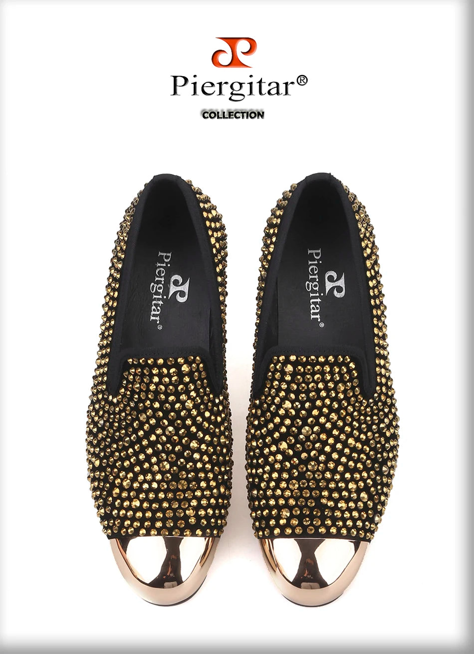 Piergitar gold metal toe and crystal men loafers handmade men's leather smoking slippers party and wedding men dress shoes