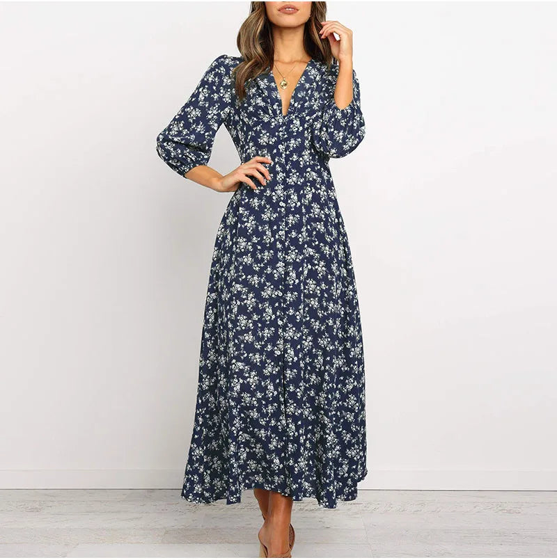 Women's Summer Bohemian Floral Print Long Maxi Dress Retro 3/4 Sleeve V-Neck Button Down High Waist Sundress Streetwear