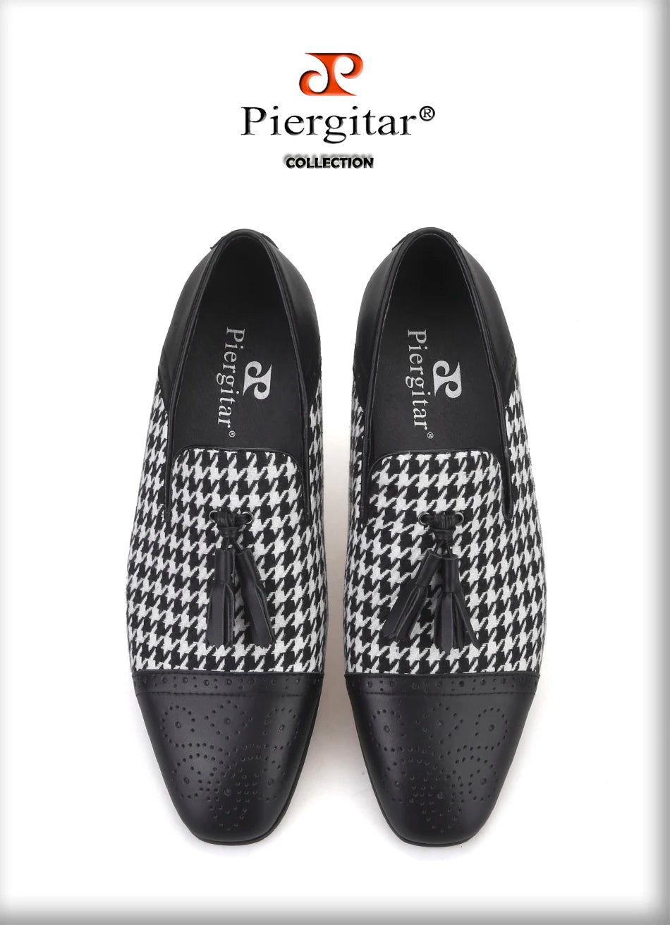 Piergitar brand new design houndstooth pattern men tassel shoes handmade men's loafers for party and prom men smoking slipper