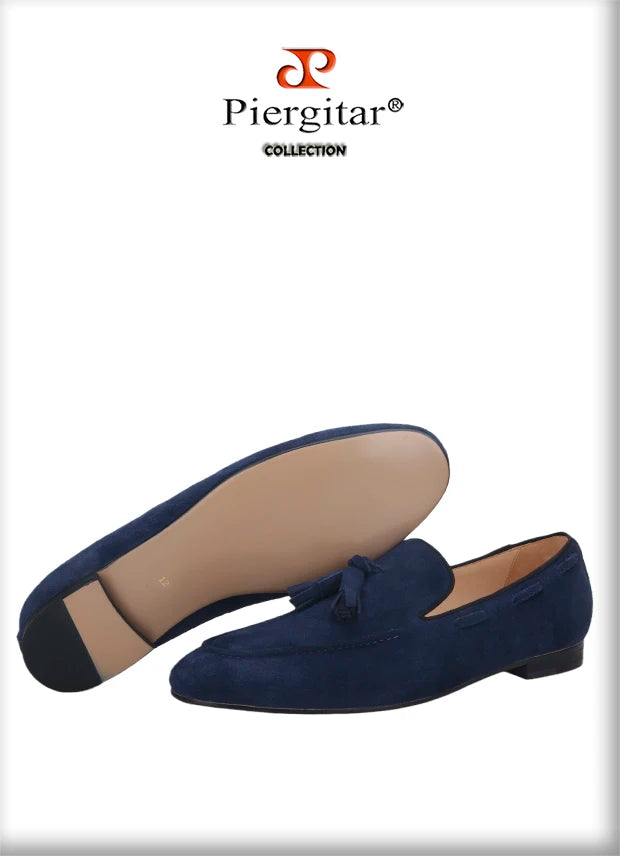 Piergitar Handmade Navy Suede Tassel Design Men's Loafers Classic Men Moccasin For Party And Prom Men's Casual Shoes Plus Size