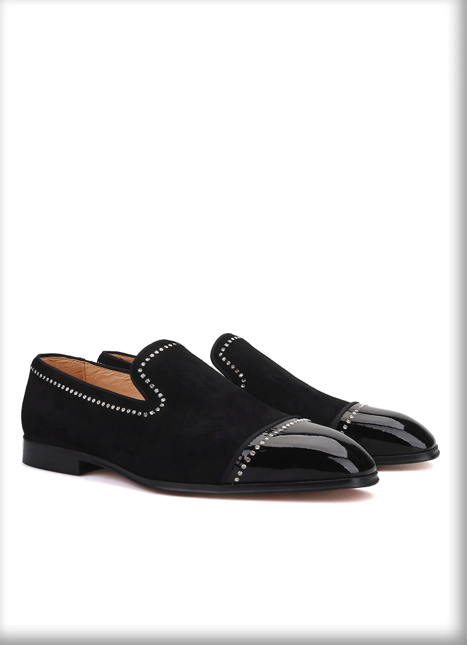Men's dress shoes and casual shoes in black suede leather with rhinestones