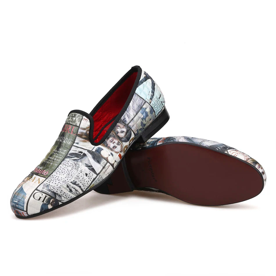 Men's casual shoes with red cotton insoles and a magazine-style graffiti fabric men loafer.