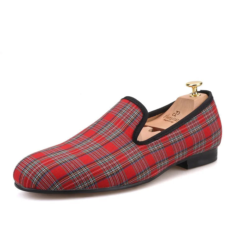 New Handmade Scottish plaid Men Fabric Shoes Men Casual Loafers Plus-Size Classic Smoking Flats
