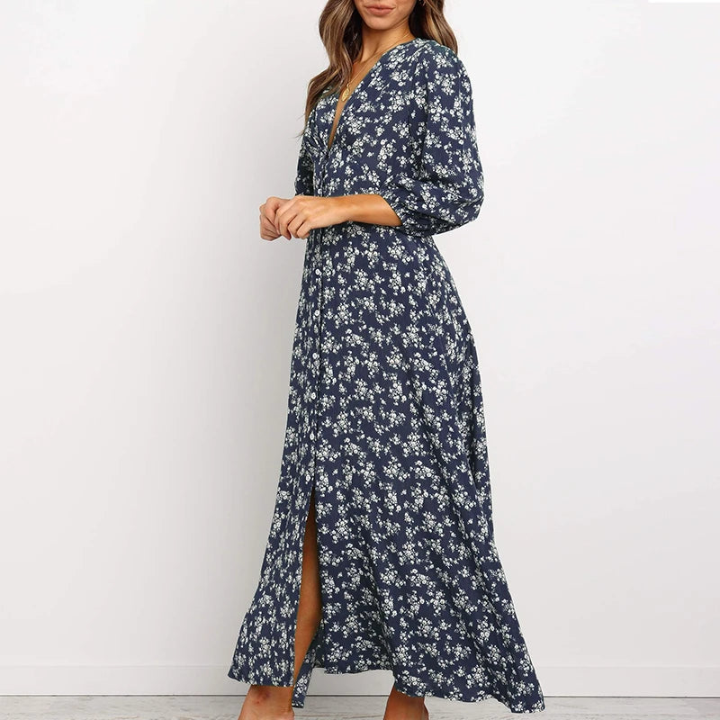 Women's Summer Bohemian Floral Print Long Maxi Dress Retro 3/4 Sleeve V-Neck Button Down High Waist Sundress Streetwear