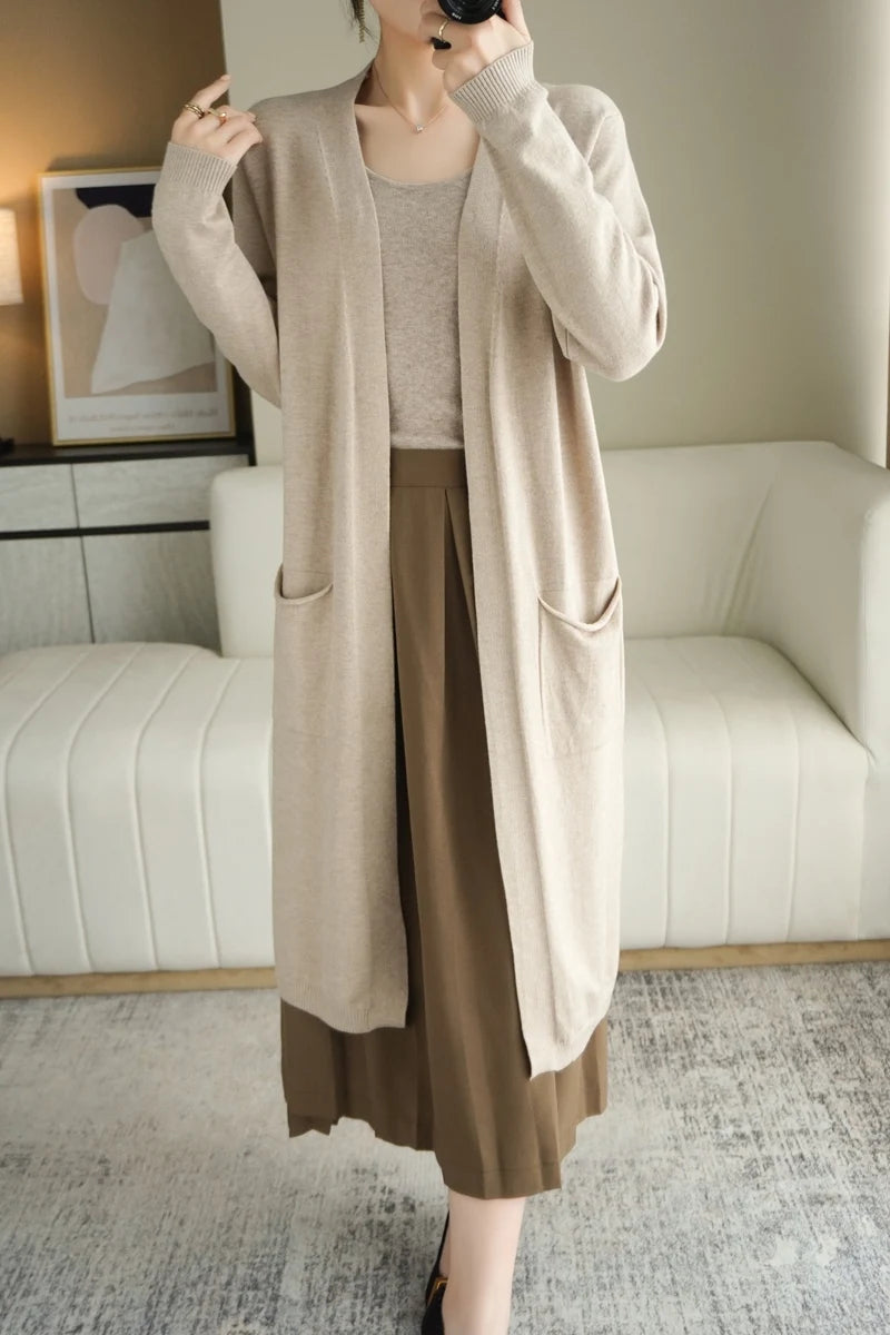 YSC New style Women Knitted Cashmere wool blend Cardigan V collar Super long style Buttonless pocket trim High-quality Cardigan