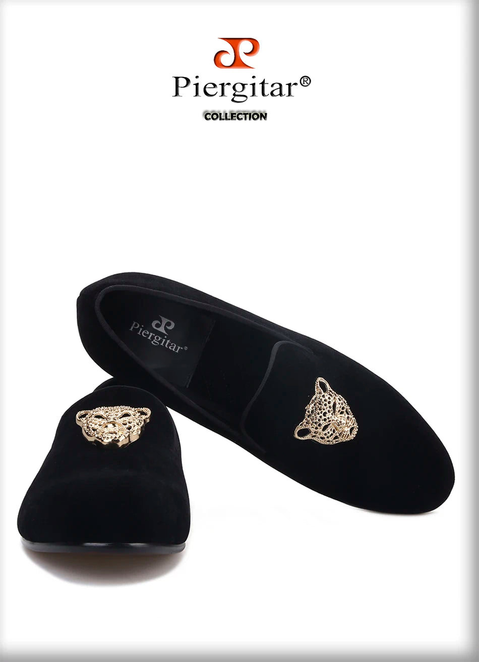 Piergitar leopard metal buckle men velvet shoes fashion party and wedding men loafers handmade men's smoking slippers plus size