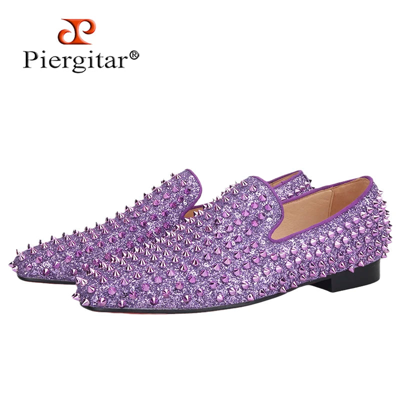 Piergitar New Style Purple Spikes Men Casual Shoes For Party and Banquet CL Same Design Handmade Men's Loafers Red Sole