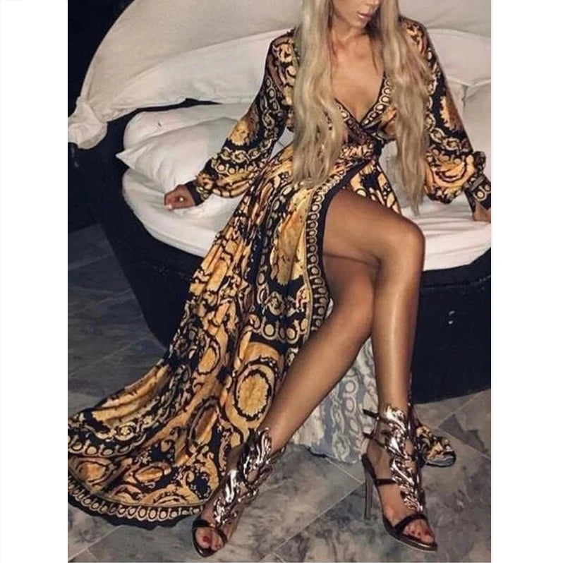 Womens boho maxi dress V neck loose Printed Long Dress