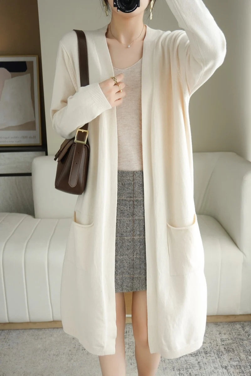 YSC New style Women Knitted Cashmere wool blend Cardigan V collar Super long style Buttonless pocket trim High-quality Cardigan