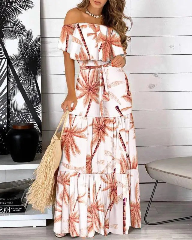 Women's Print Ruffle Maxi Sundress Dress