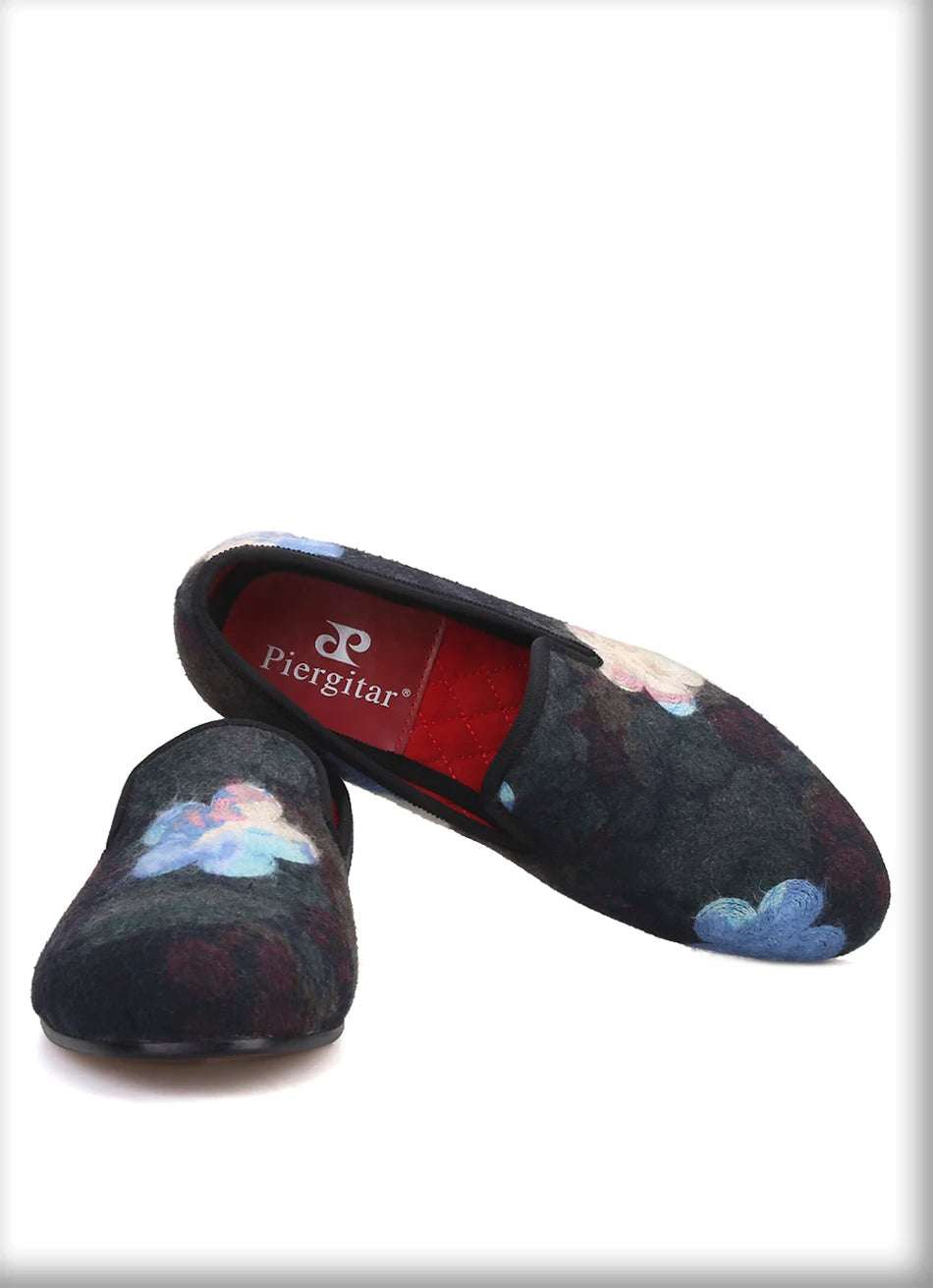 Mix color knitted fabric prom and party men's loafers style ethnic men's flats with flower printing