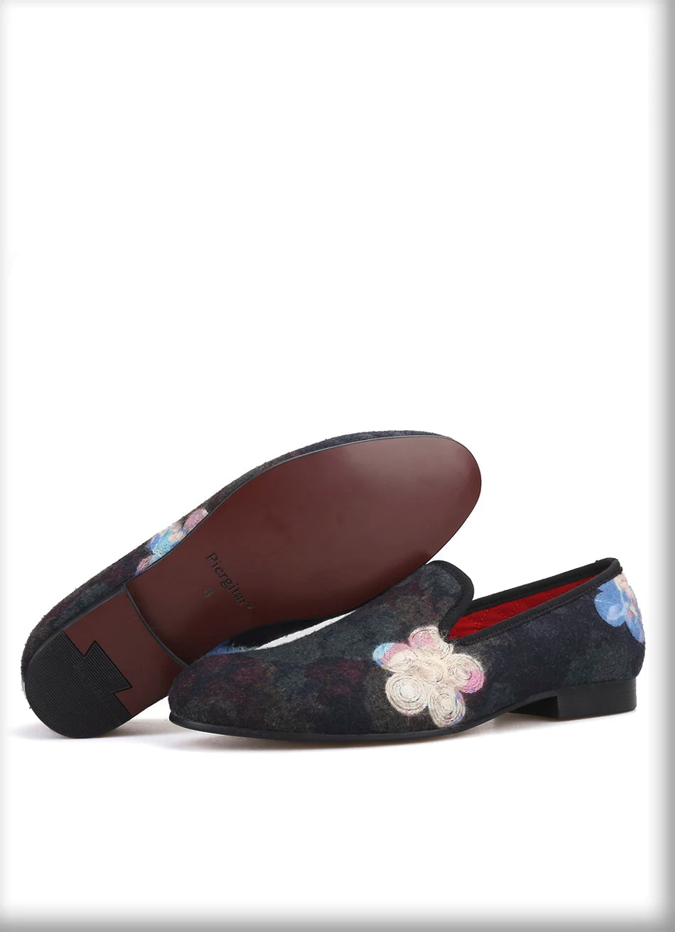 Mix color knitted fabric prom and party men's loafers style ethnic men's flats with flower printing